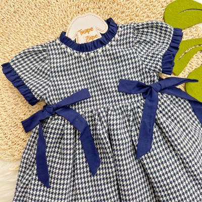 Vestido Pied de Poule com Pérolas - Azul Marinho